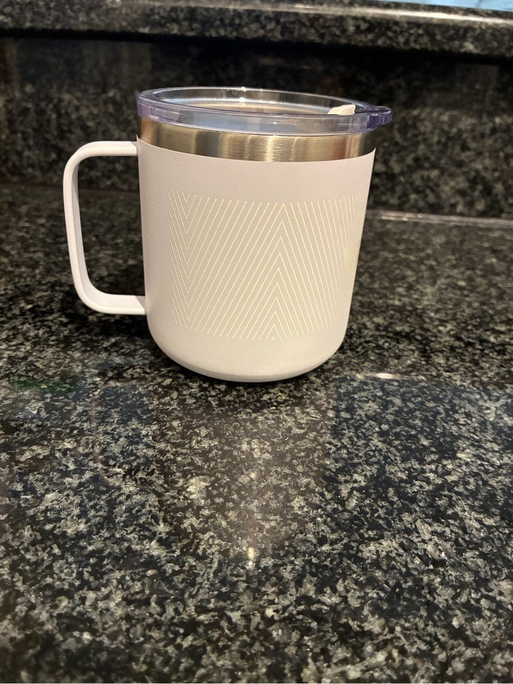 Insulated White Travel Mug with Handle - Stainless Rim (Viacom)